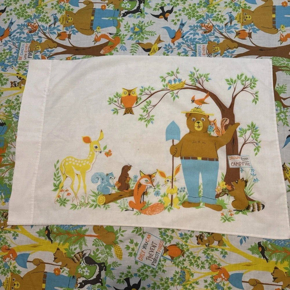 Vintage Fieldcrest Ideal Smokey the Bear Twin Flat Sheet Pillowcase Pillow Case